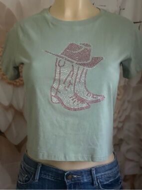 Rhinestone Cowboy Tee - Mint Green Short Sleeve Crop Top